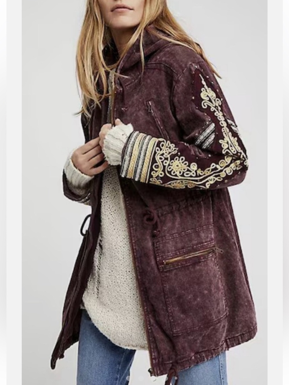 Free People Golden Quills Military Parka Jacket Size S Boho Merlot Burgundy